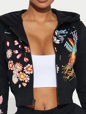 Ed Hardy Sweatshirt Cropped Zip Hoodie Black Floral Phoenix Women's Small Y2k
